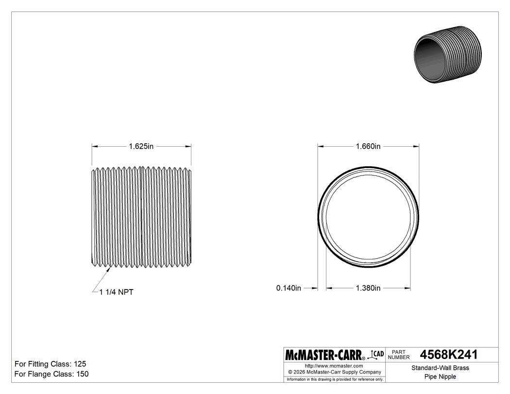 Technical Drawing of Standard-Wall Brass Pipe Nipple, Fully Threaded, 1-1/4 NPT.